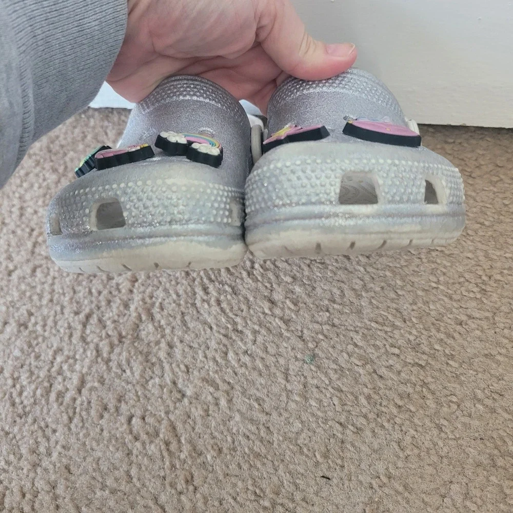 Crocs Kids 11 Classic Glitter Clog Silver Sparkle Unicorn Rainbow‎ Charms Shoes